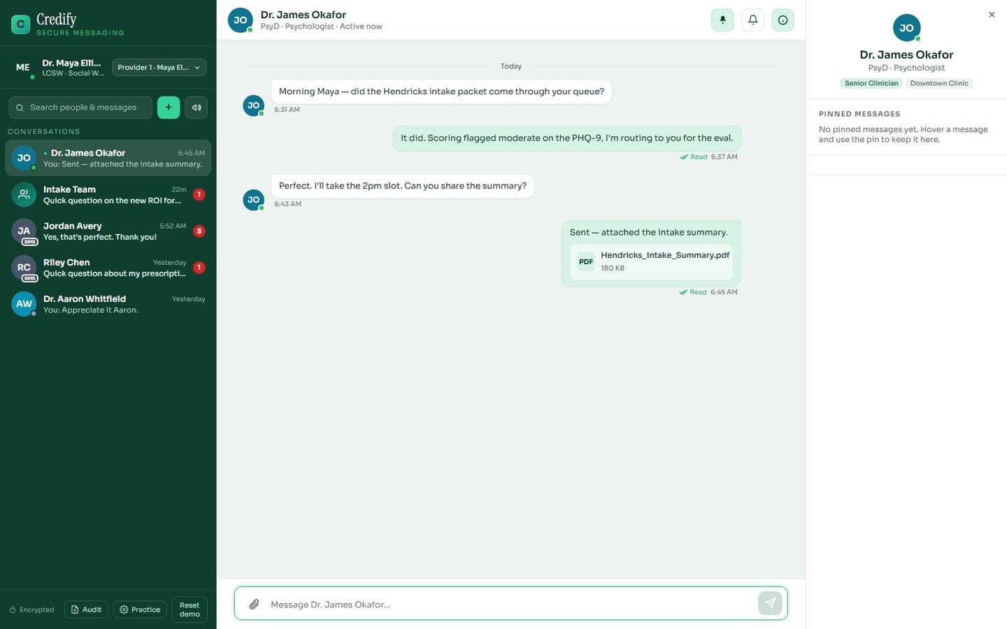 Secure messaging, shown in Credify