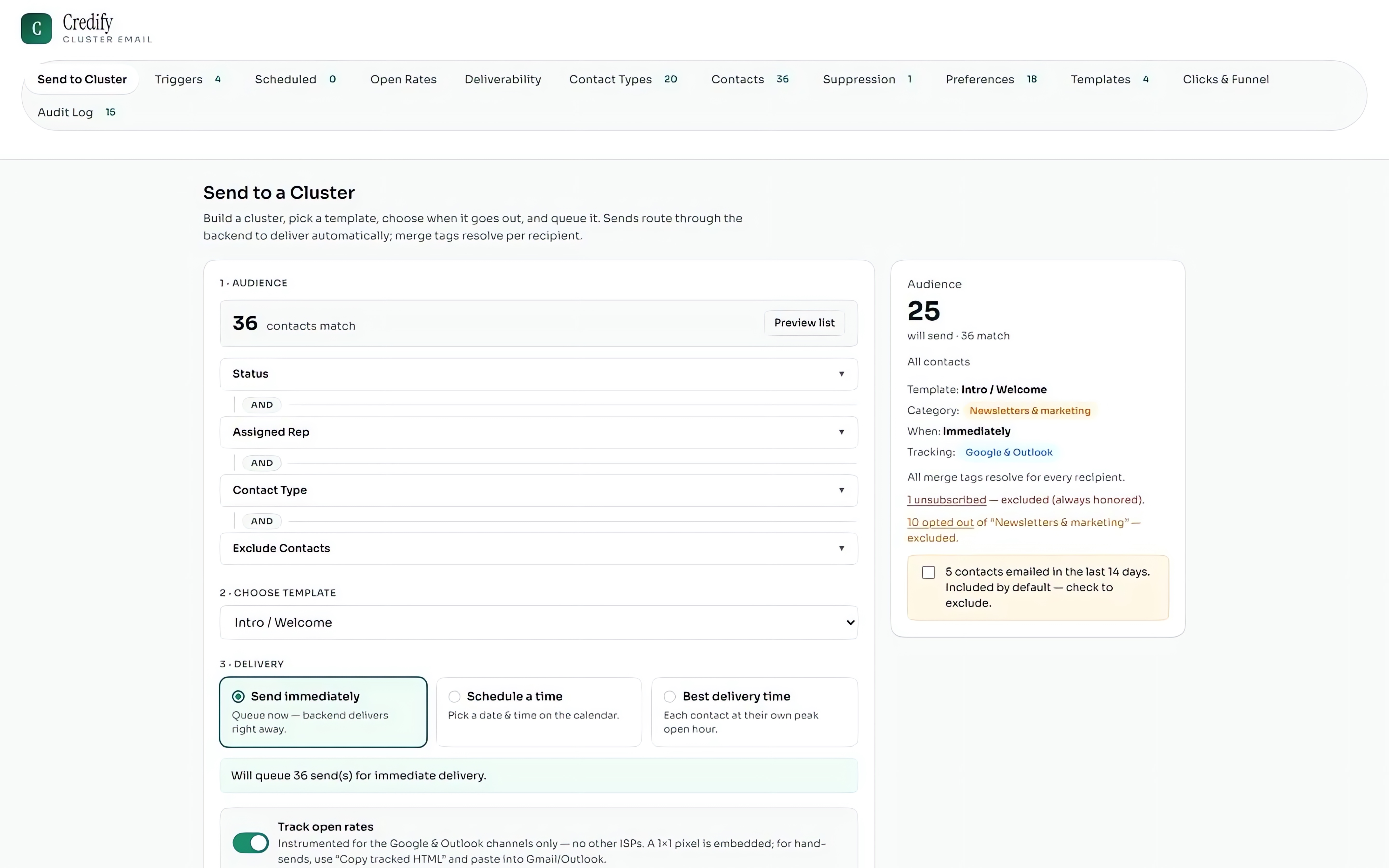 Email and SMS outreach, shown in Credify